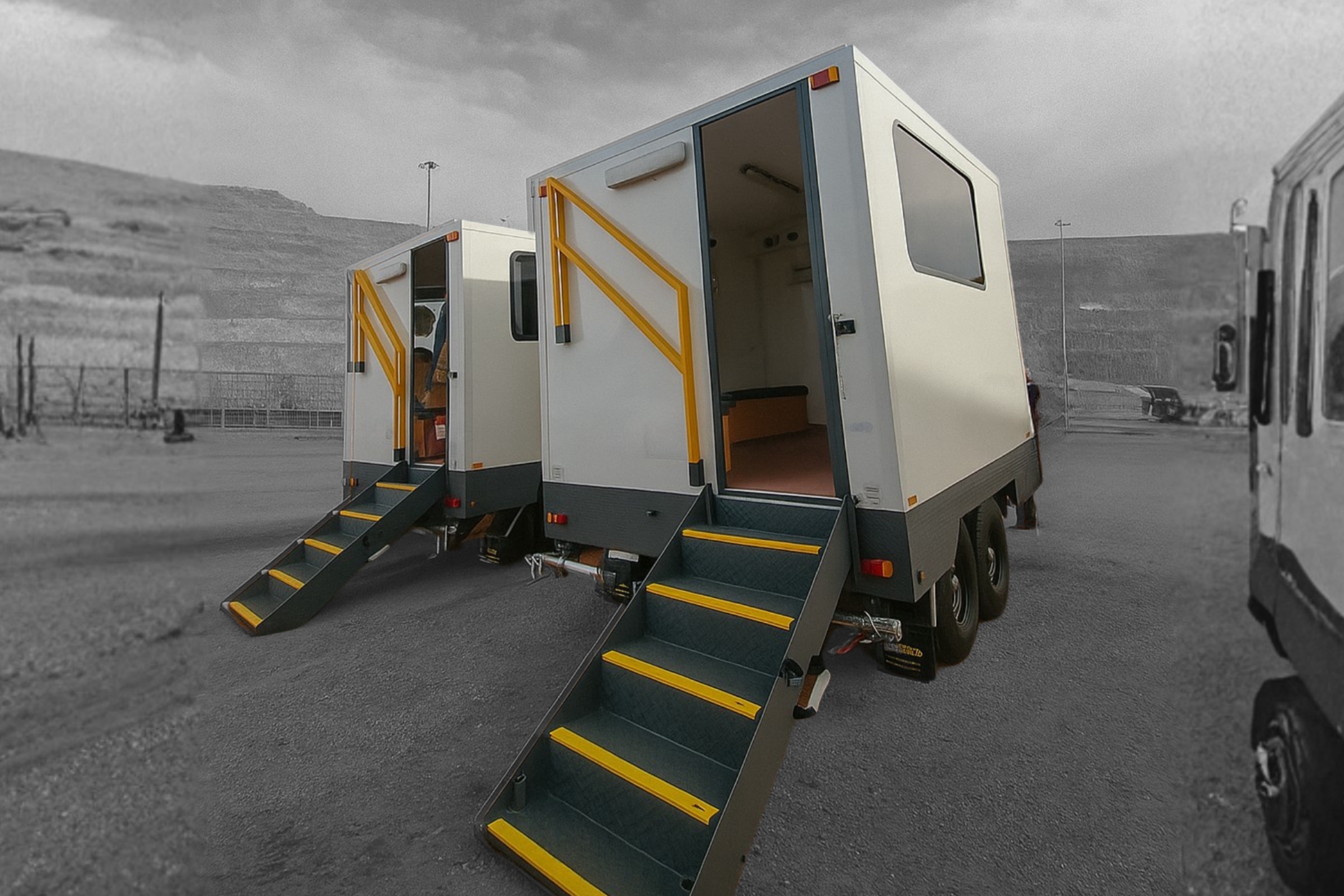 Paired site trailers with access ramps