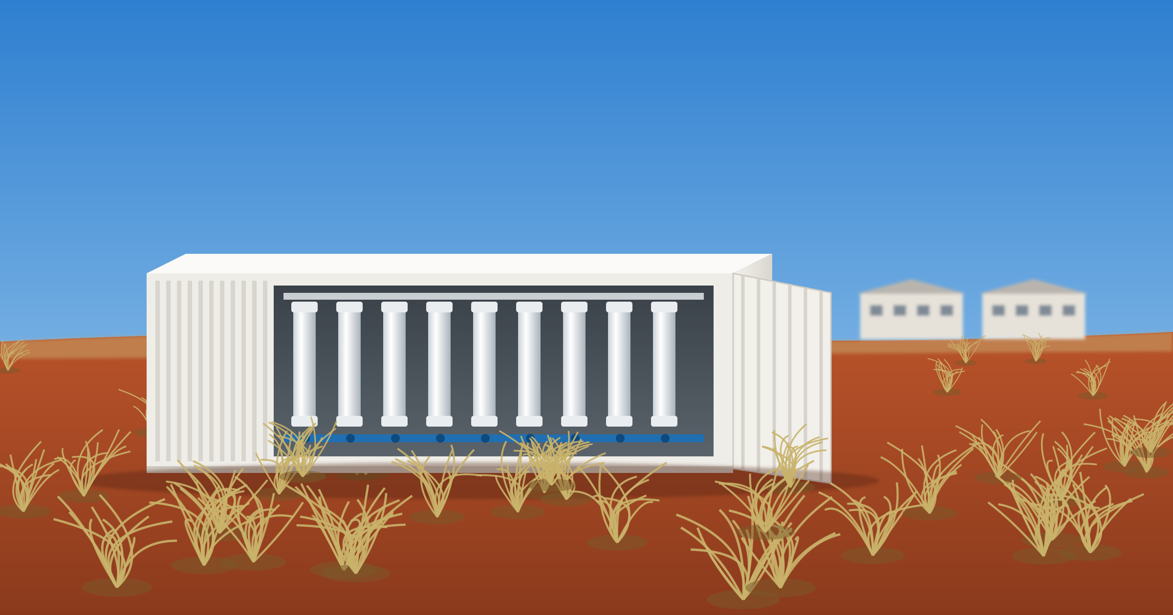 Illustration of a white shipping container with open doors showing membrane filtration modules, on red earth with spinifex and site buildings in the distance.