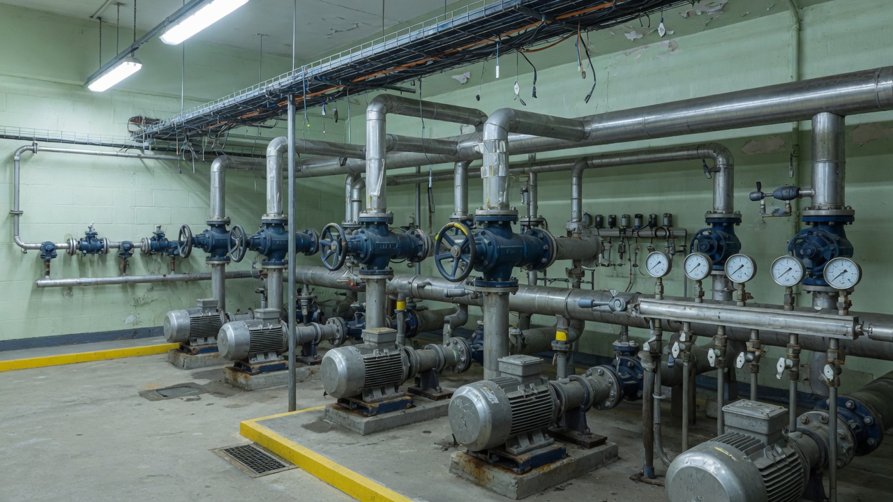 Pumps, valves and pipework in a plant room